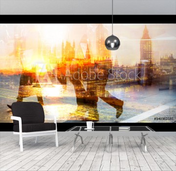 Bild på Feet of pedestrians walking against of London view and Big Ben at sunset Multiple exposure image Modern life concept